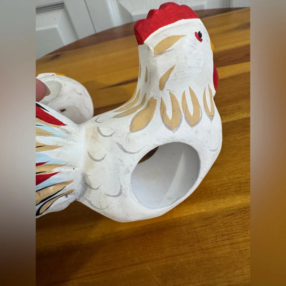 Vintage carved wood hand painted rooster napkin rings‎ set of 2